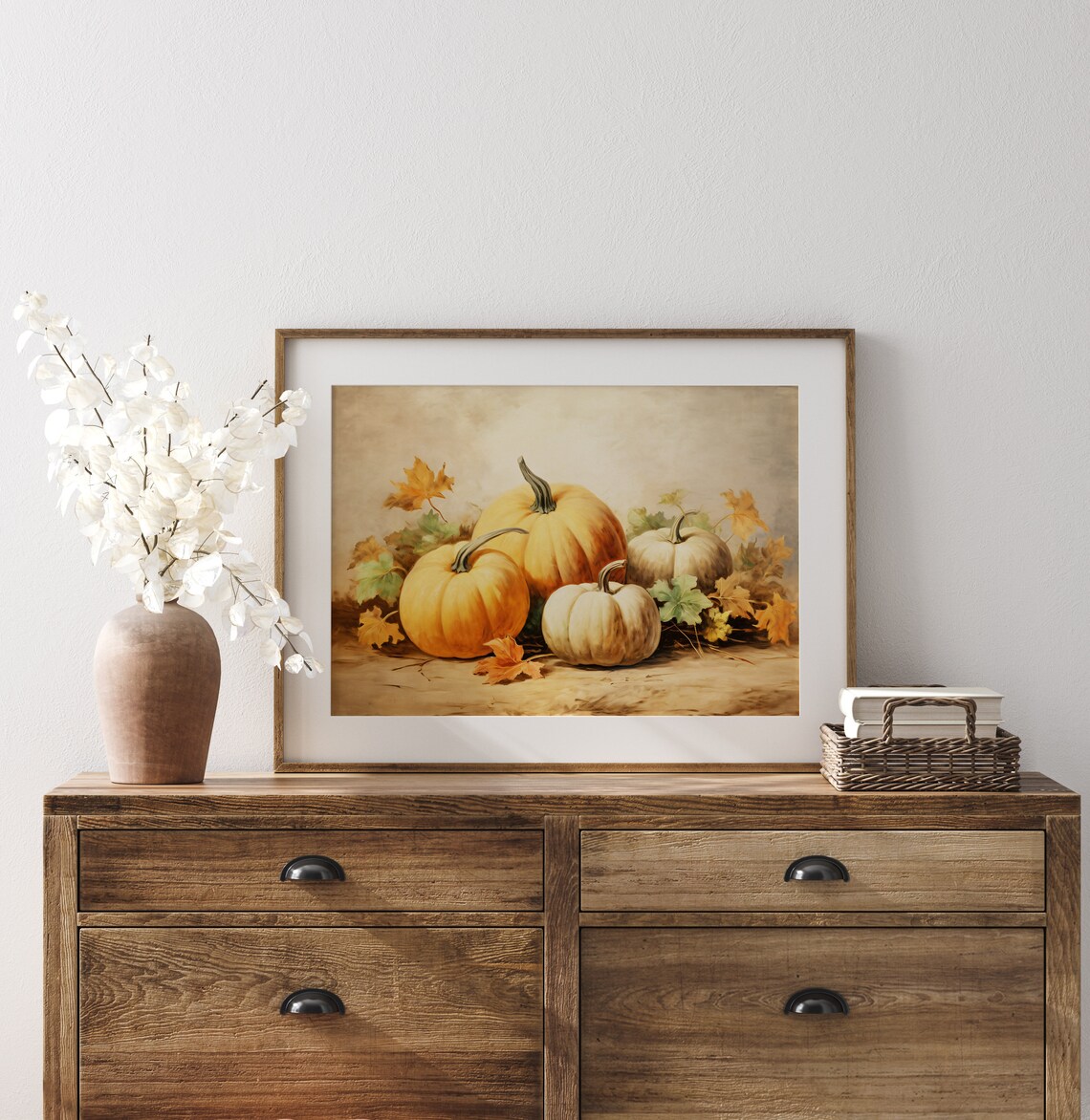 Autumn Pumpkins with Fall Leaves Vintage Still Life Harvest Art Print - Image 2