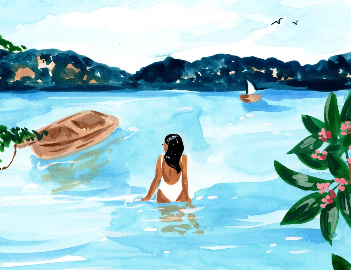 Tropical Beach Turquoise Water Woman Swimming Costa Rica Travel Poster