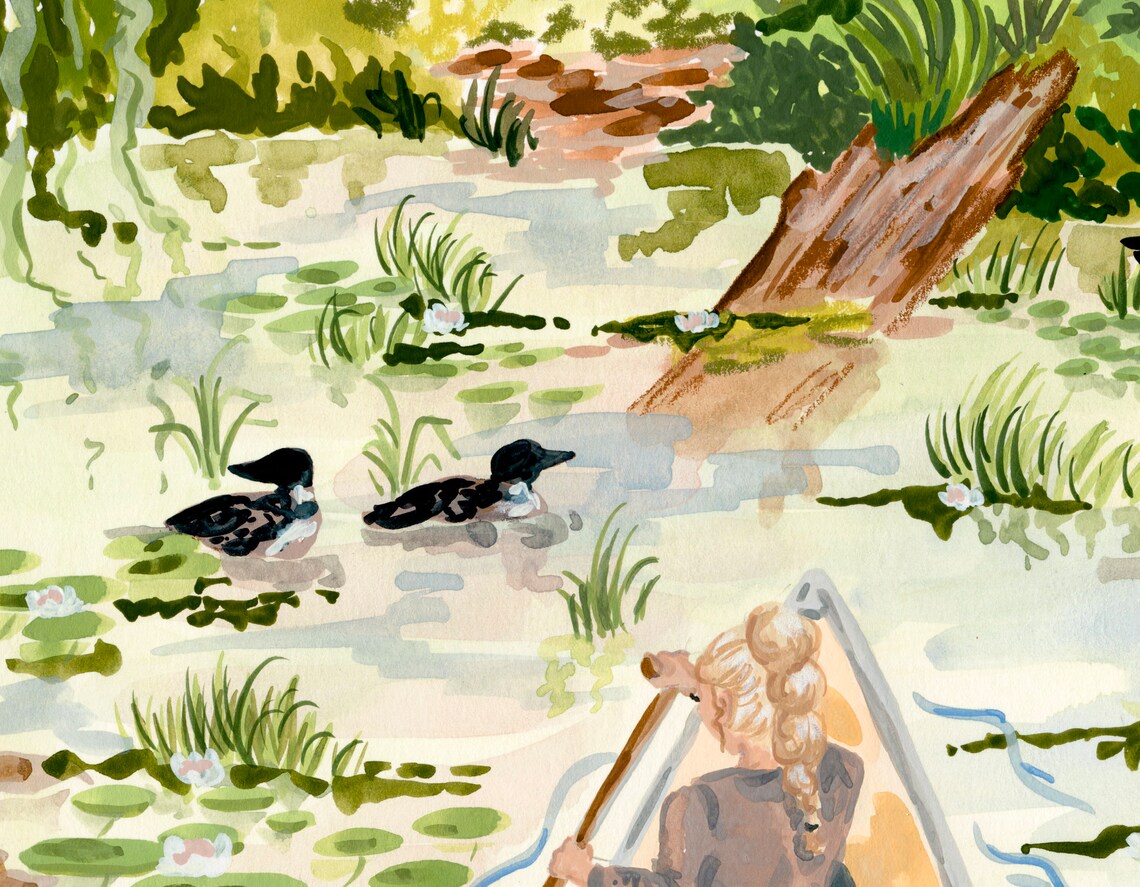 Canoeing on the Pond Landscape Art Print - Image 2