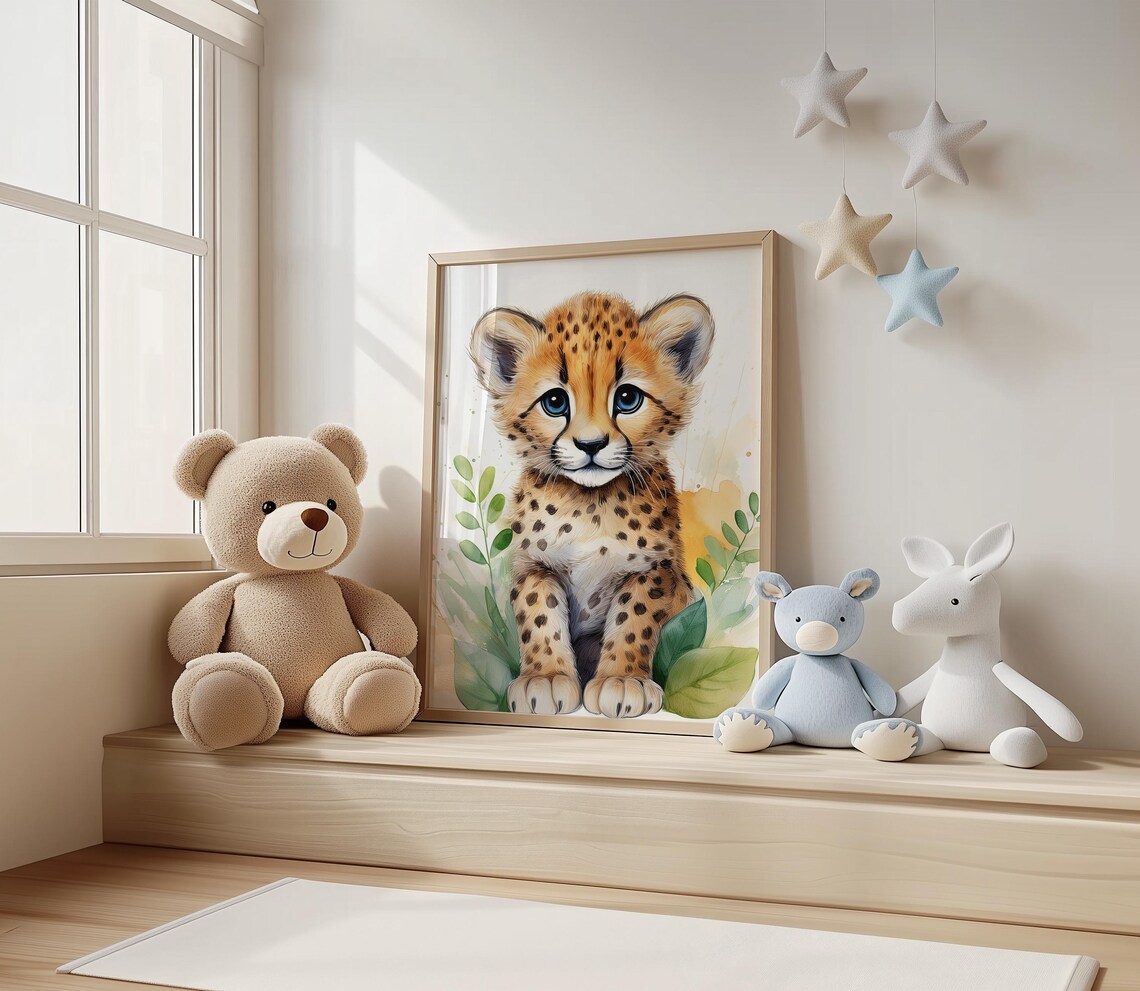 Watercolor Baby Cheetah Cub Big Eyes Nursery Safari Art Poster