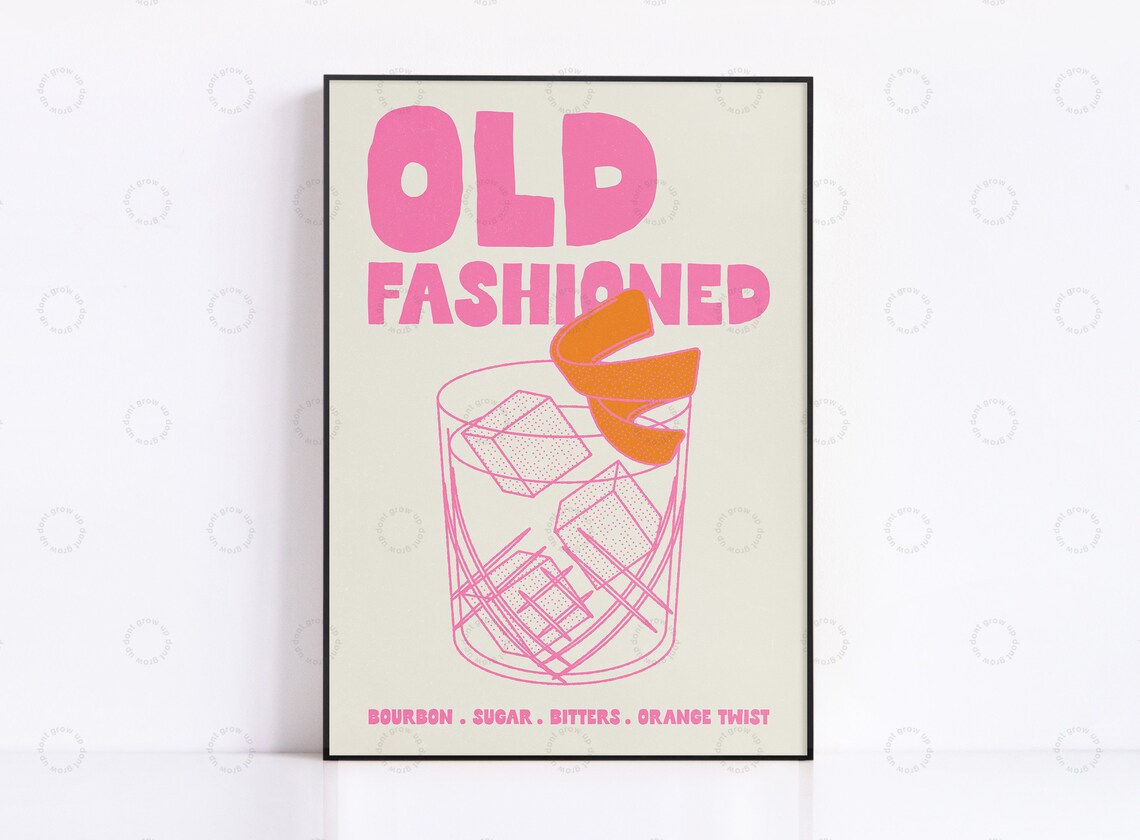 Old Fashioned Cocktail Poster, Retro Bar Art Print