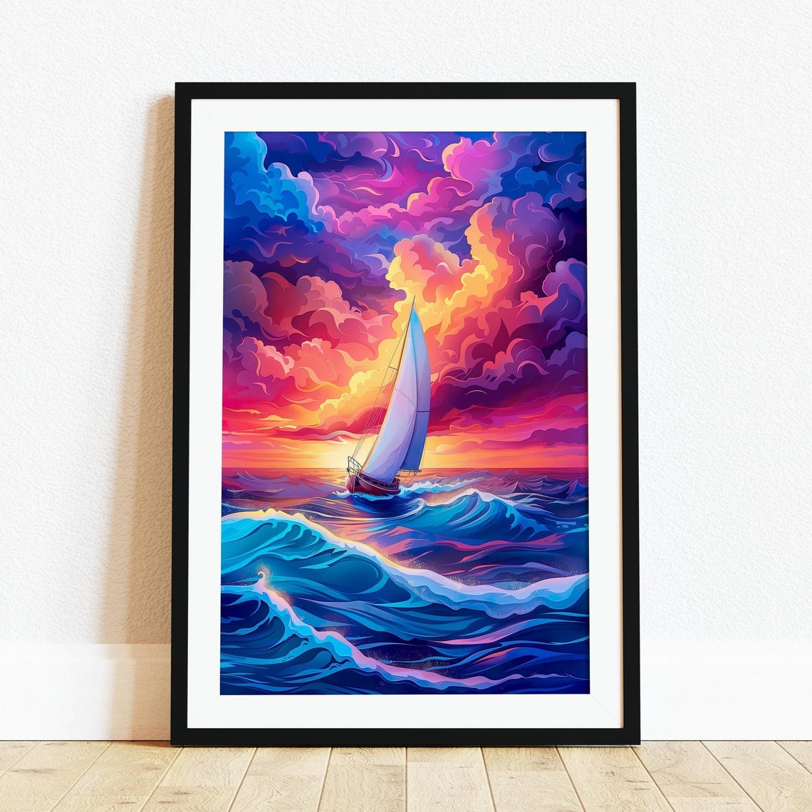 Sailboat On Stylized Waves Under A Dramatic Pink Sunset Sky Poster