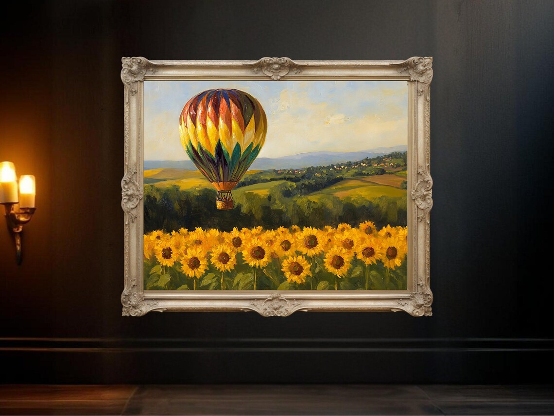 Hot Air Balloon Over Sunflower Field, Landscape Print