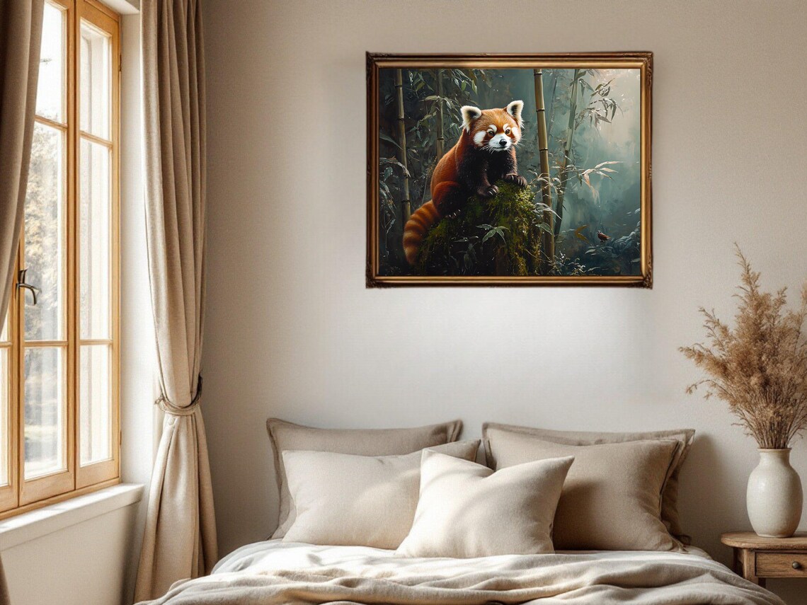 Red Panda on Mossy Rock, Forest Wildlife Illustration - Image 2