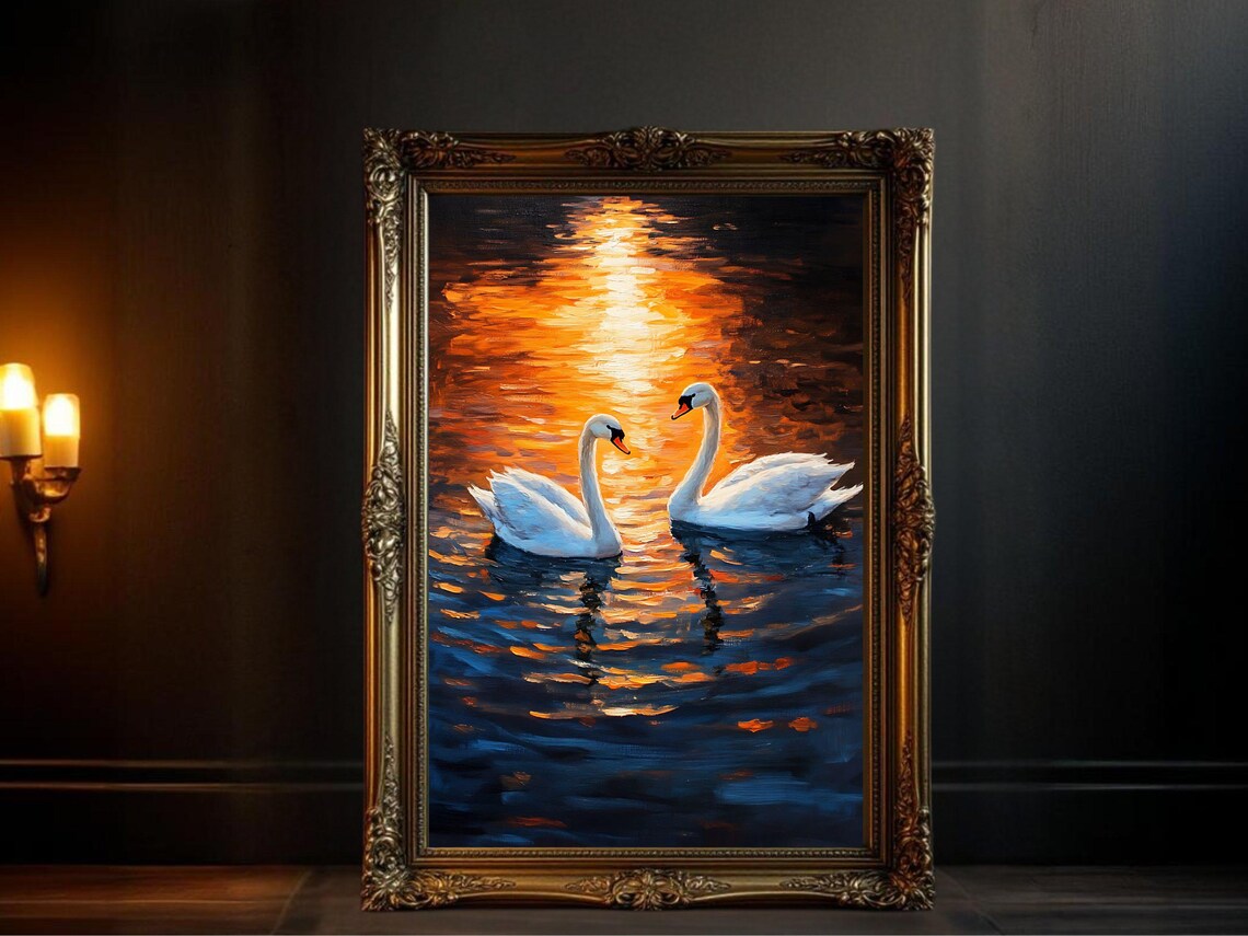 Elegant Swan Wall Art, Romantic Lake Scene