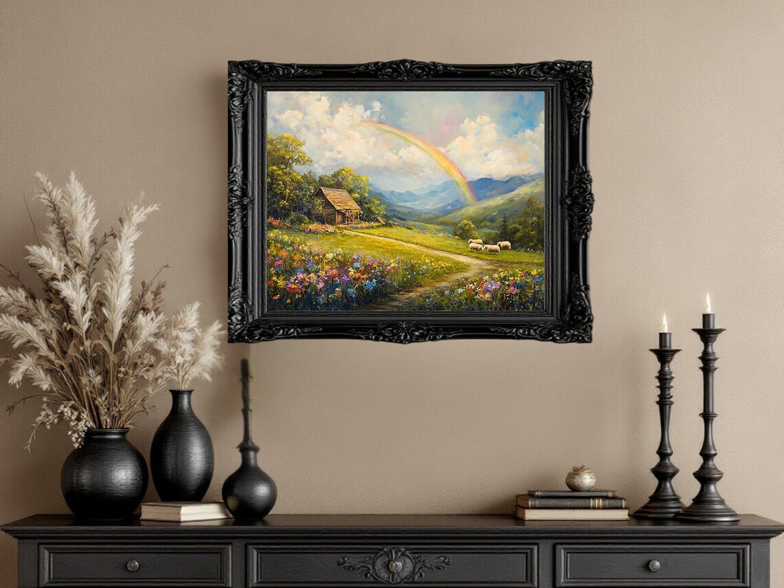Countryside Cabin Art Print, Rainbow And Sheep Meadow - Image 2
