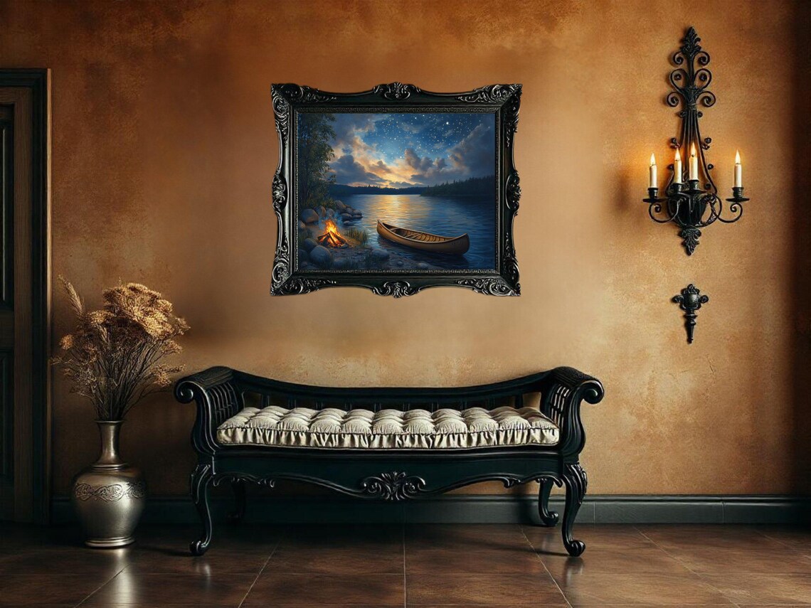 Serene Lake Nightscape, Canoe And Campfire Art Print - Image 3
