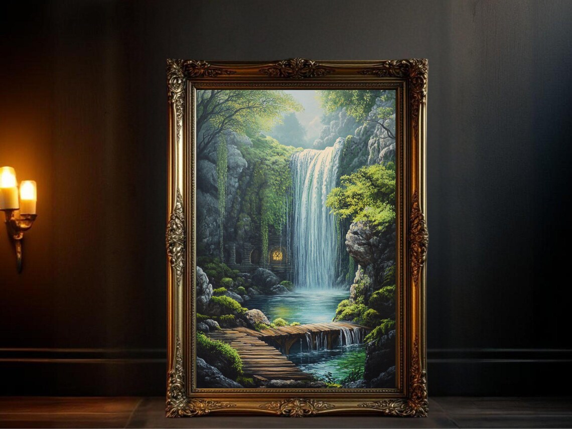Mystical Waterfall Forest Landscape Art Print