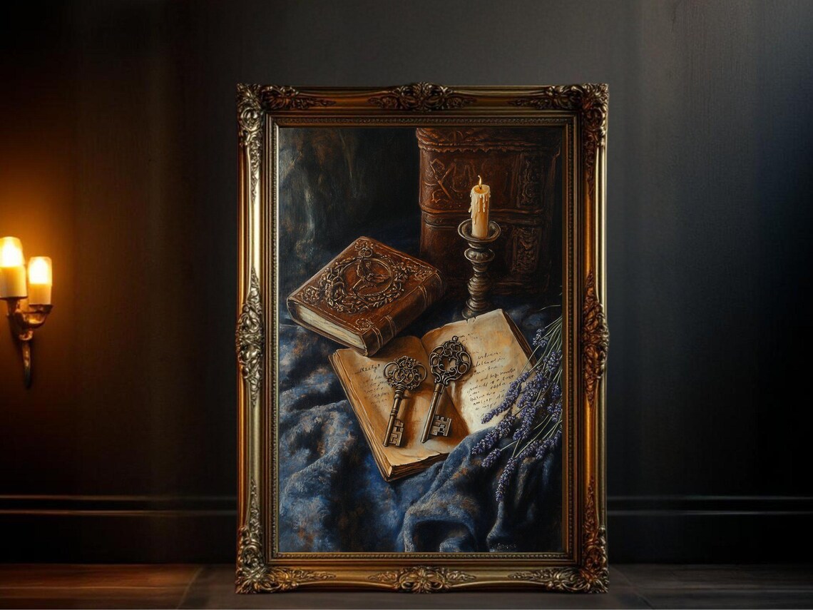 Vintage Book Art Print, Antique Key and Candle Decor