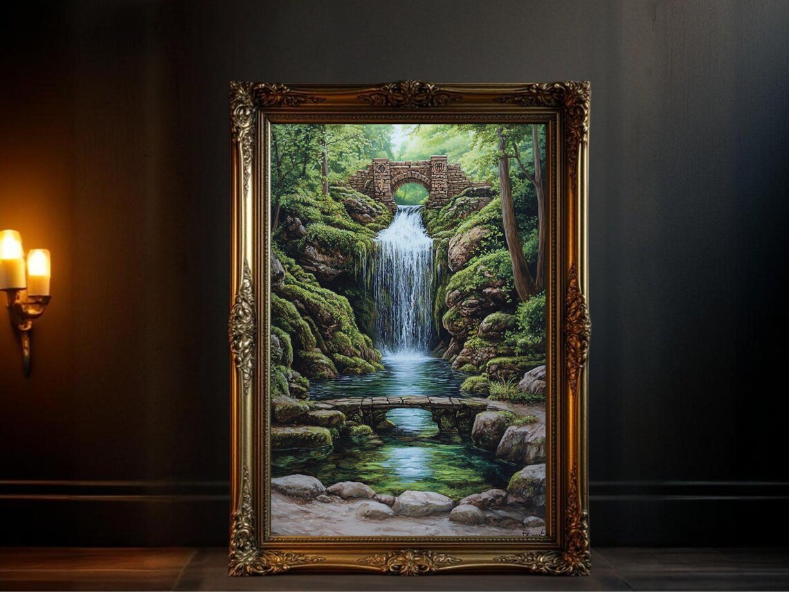 Scenic Waterfall Landscape, Rustic Bridge Nature Art