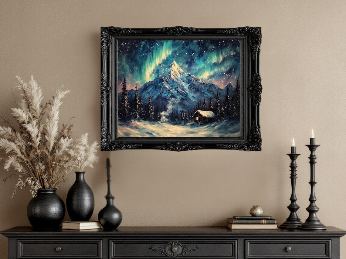 Majestic Mountain Aurora Borealis, Winter Landscape Art Print - Image 2