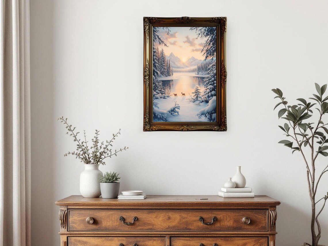 Winter Landscape Deer In Snowy Forest, Nature Art Print - Image 2