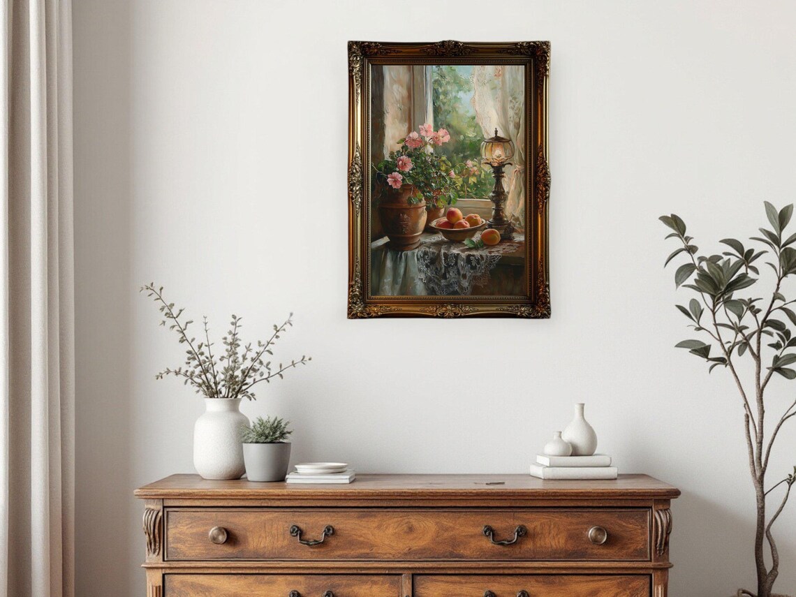 Antique Window Scene Vintage Oil Painting Still Life - Image 3