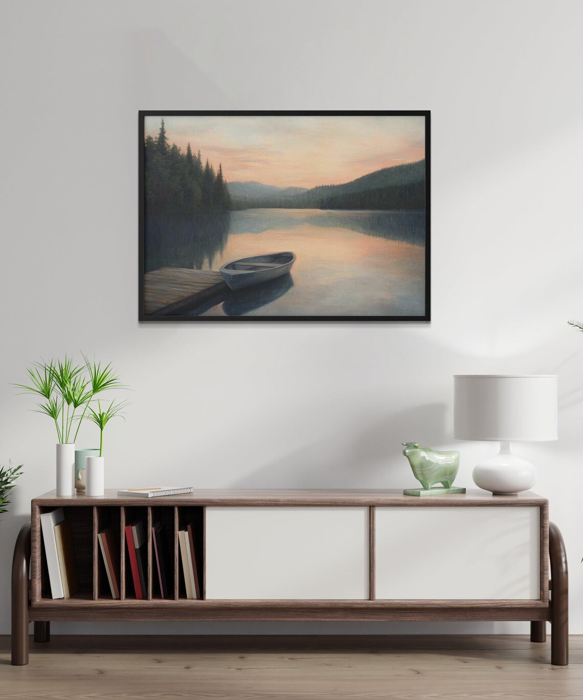 Tranquil Lake Sunset Art Print, Serene Mountains - Image 2