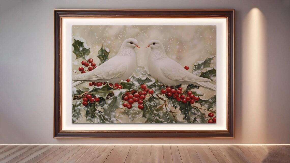 Peaceful Doves and Holly - Rustic Christmas Scene - Image 3