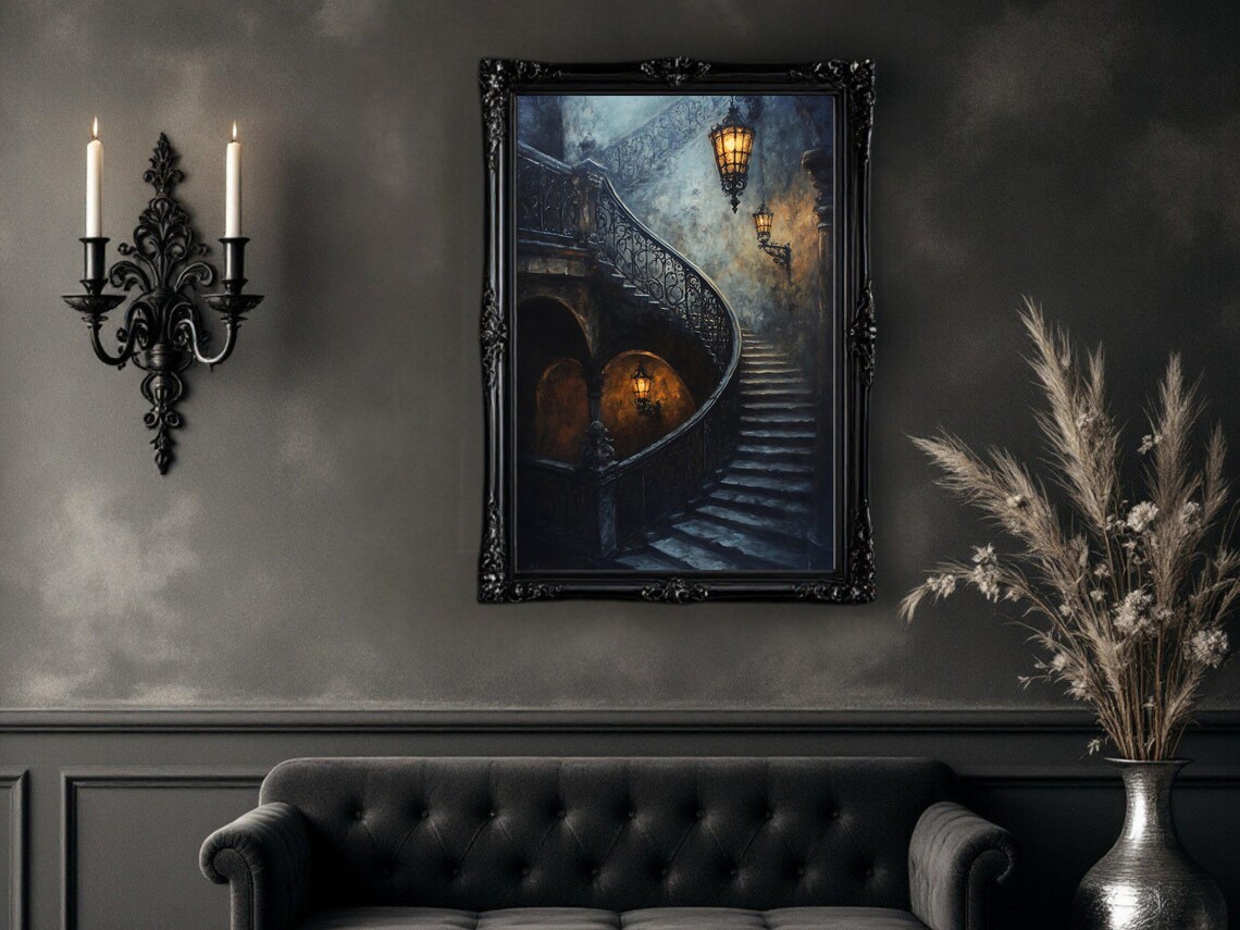 Gothic Staircase Painting, Vintage Moody Night Scene - Image 2