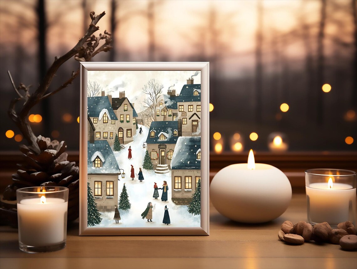 Vintage Snowy Village, Charming Winter Town Art Print - Image 2