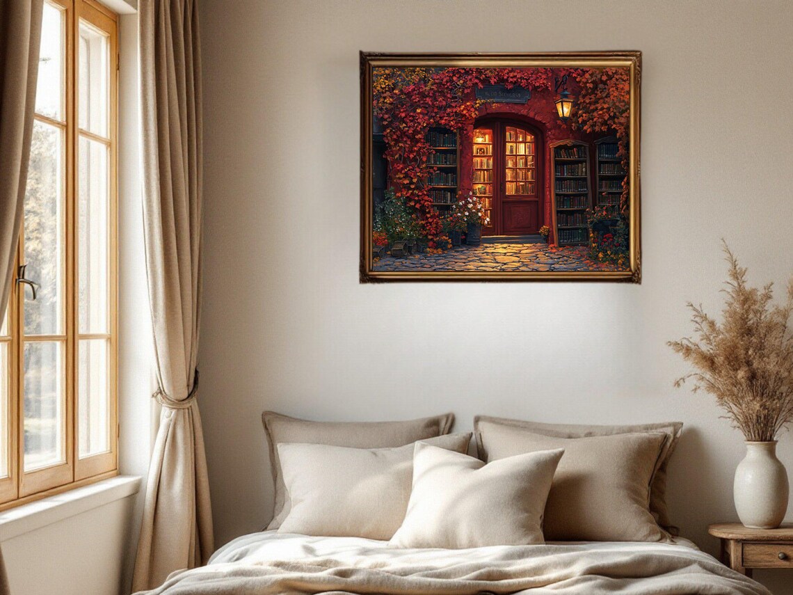 Cozy Bookstore Entrance, Autumn Vine Covered Doorway - Image 2