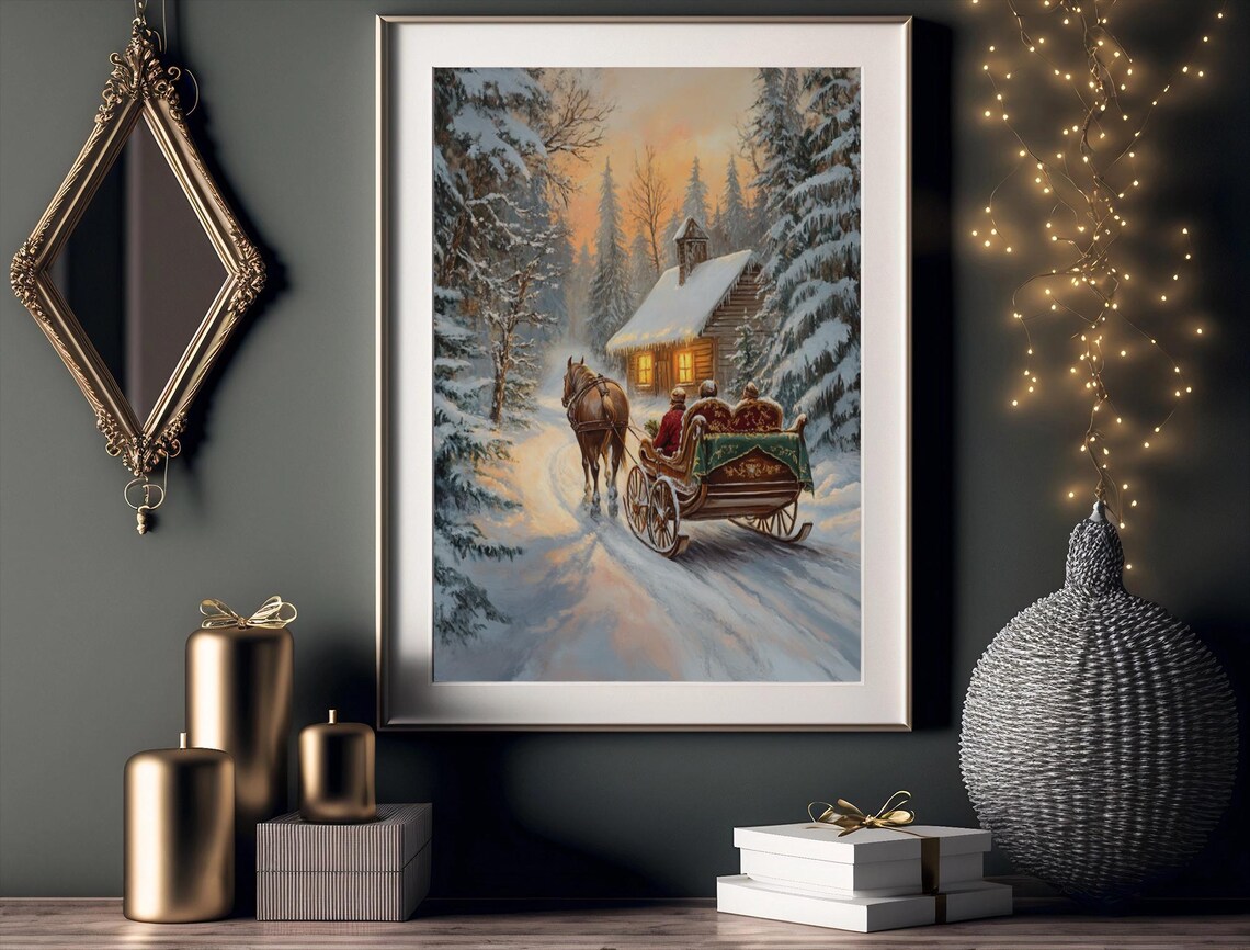 Horse Drawn Sleigh Christmas Art, Vintage Holiday - Image 3