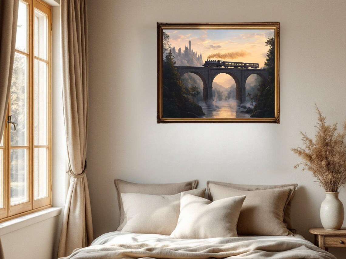 Vintage Train On Stone Bridge At Sunset, Castle - Image 2
