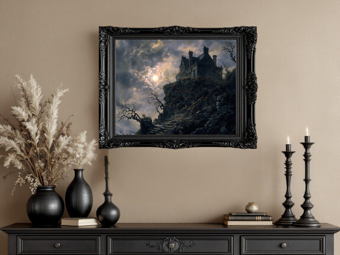 Gothic Haunted House On Cliff, Spooky Landscape Print - Image 3