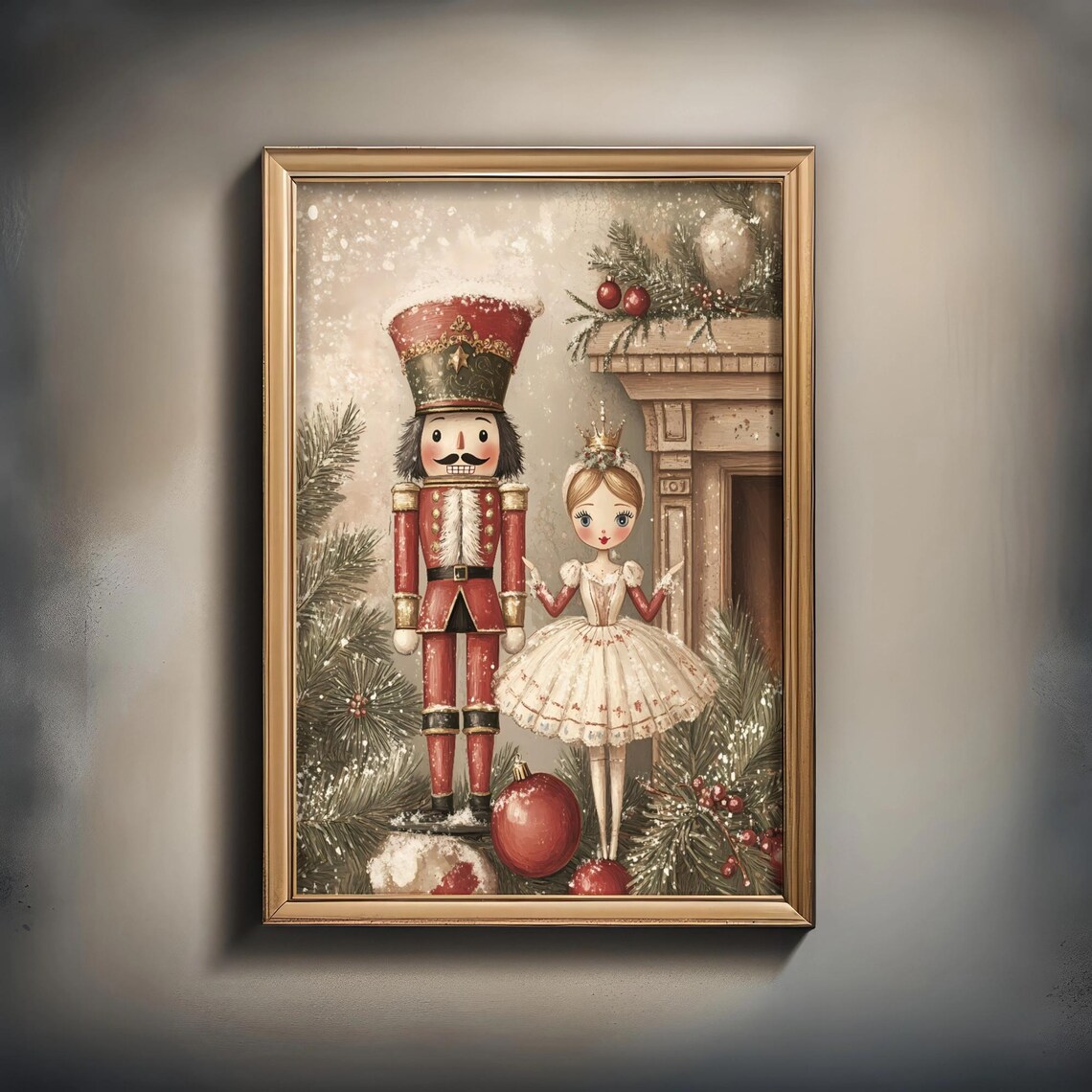 Nutcracker And Ballerina, Vintage Christmas Art Print