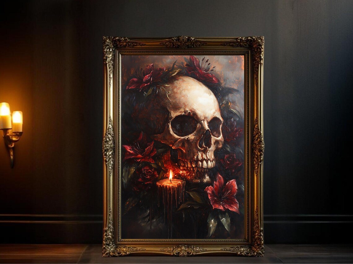 Gothic Skull Art Print, Dark Floral Skull Decor