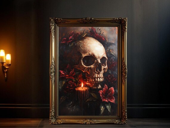 Gothic Skull Art Print, Dark Floral Skull Decor