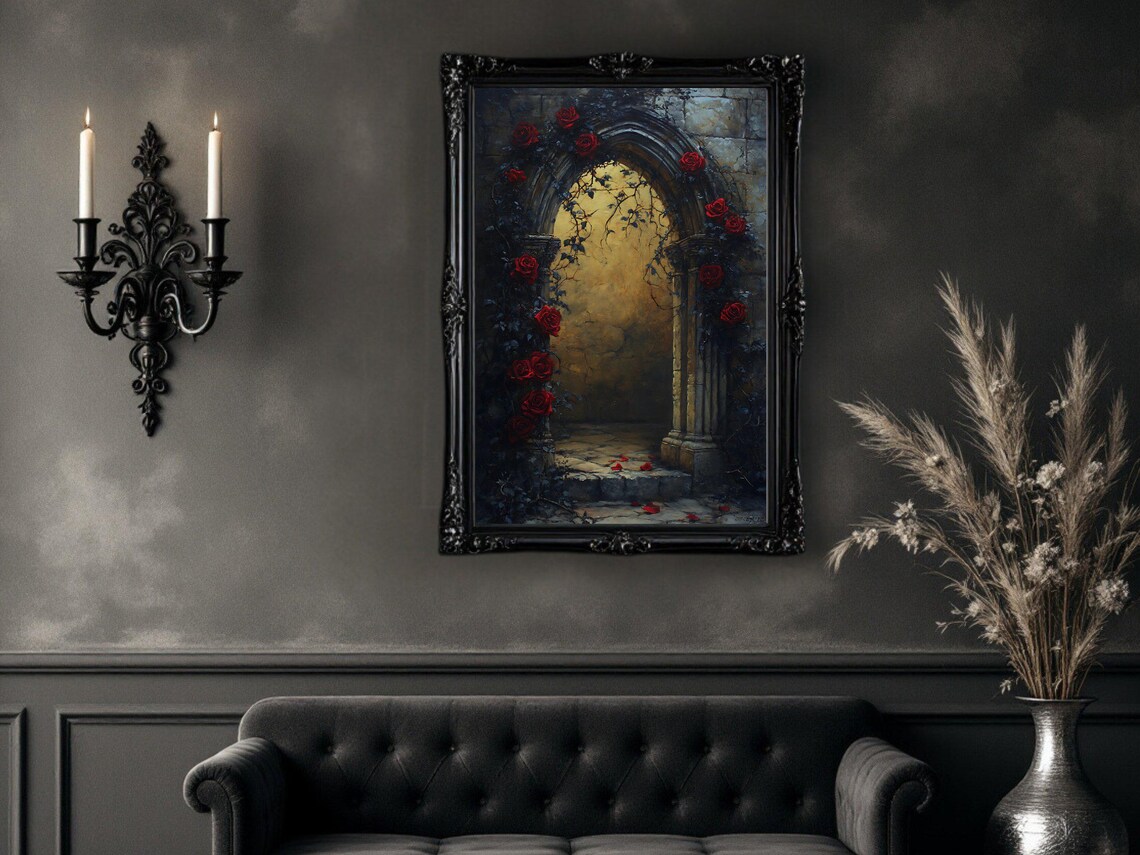 Gothic Archway Red Roses, Mystical Garden Art Print - Image 2