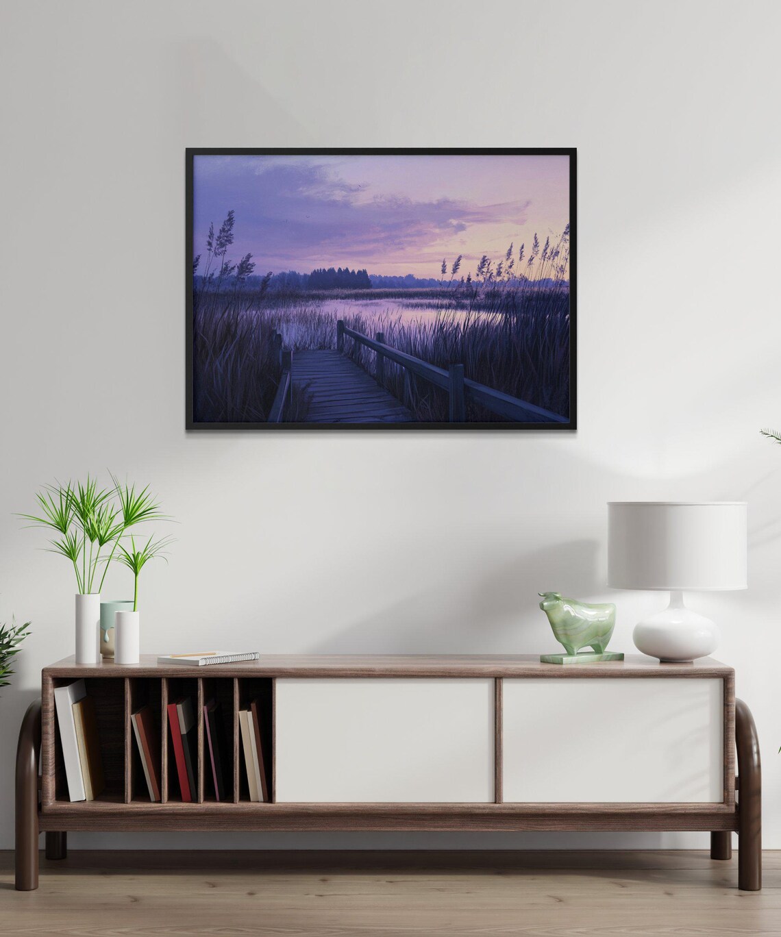 Purple Sunset Lake Landscape, Tranquil Evening Art Print - Image 2