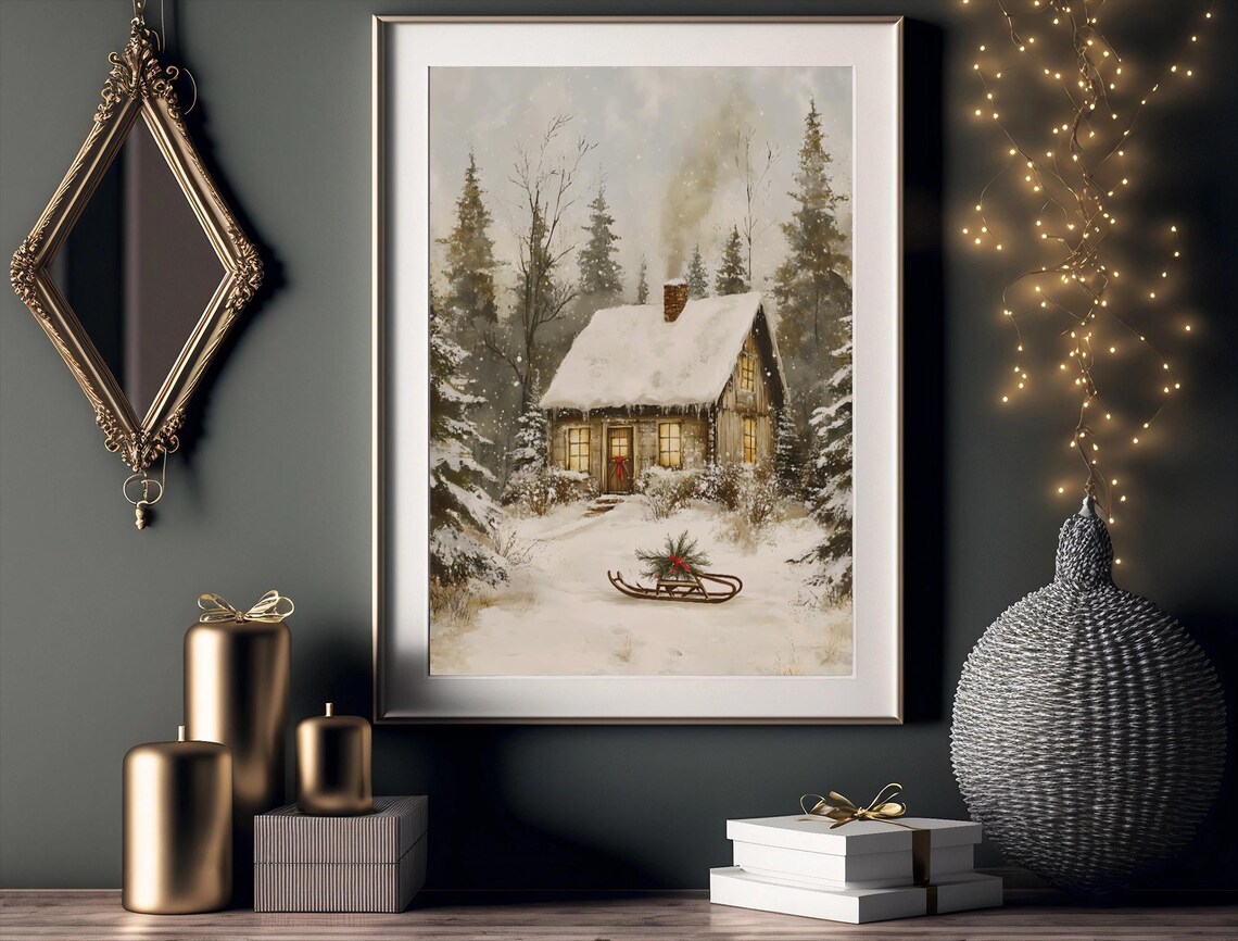 Vintage Snowy Cabin, Rustic Christmas Winter Scene