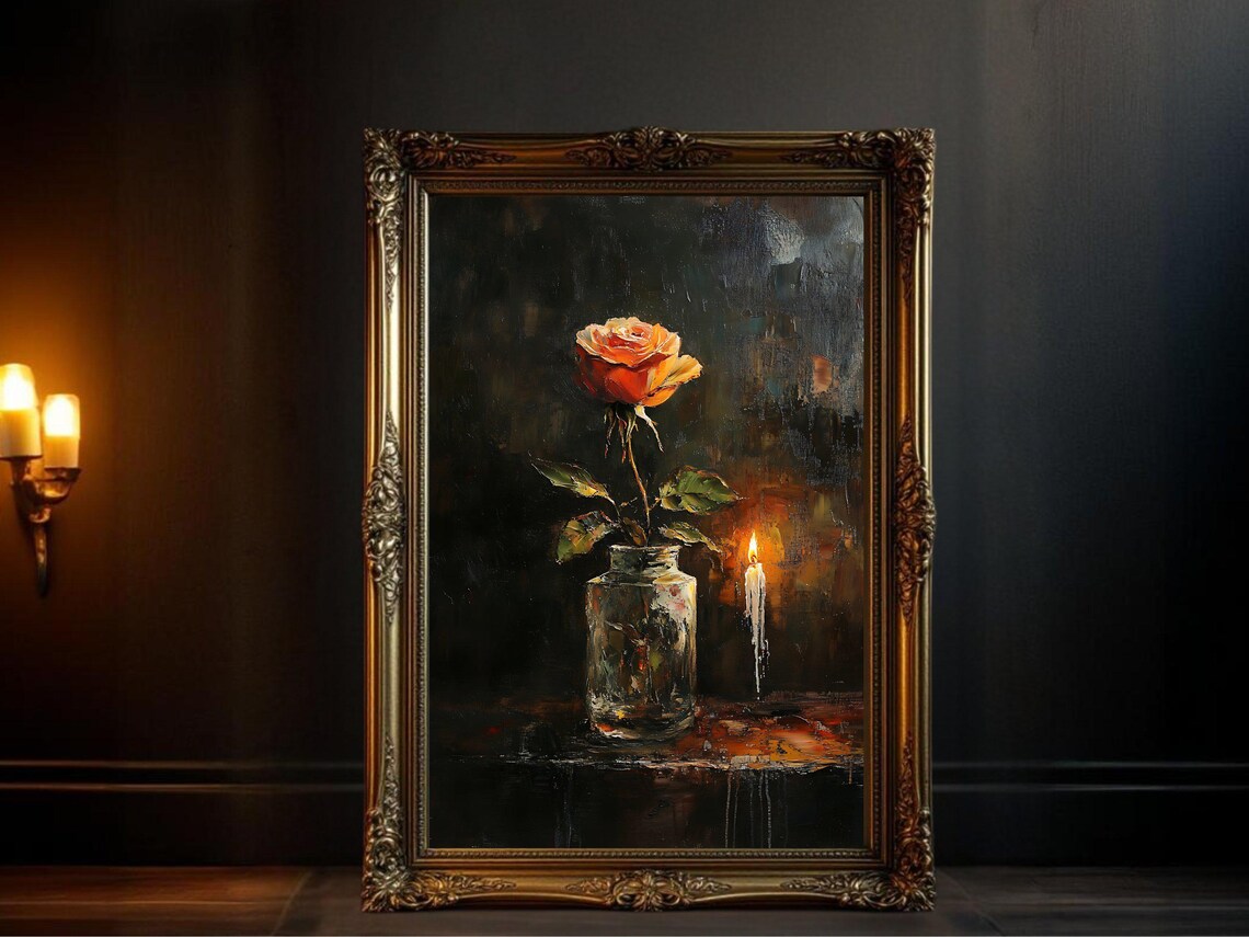 Romantic Rose In Vase, Rustic Floral Painting