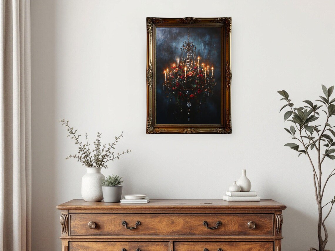 Elegant Chandelier Roses, Dark Floral Glow Art Print - Image 3