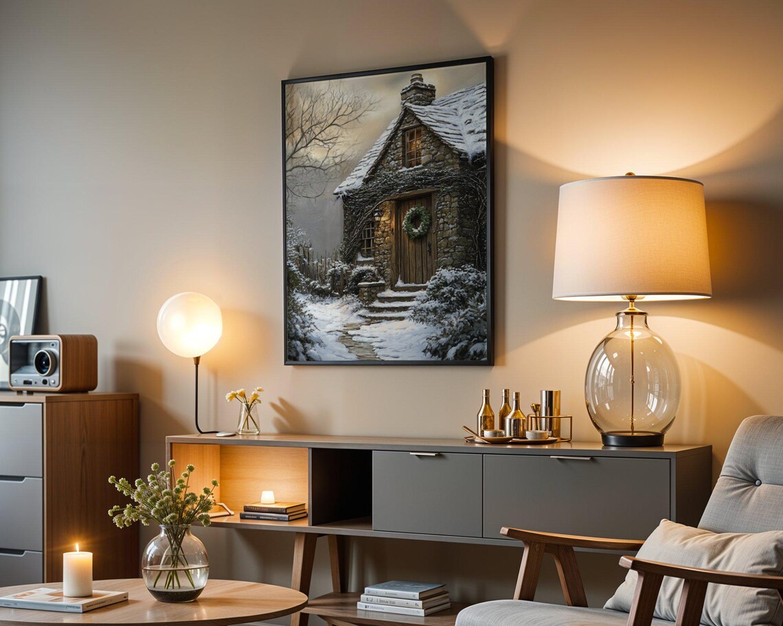 Cozy Snowy Cottage, Rustic Winter Wonderland Poster - Image 3