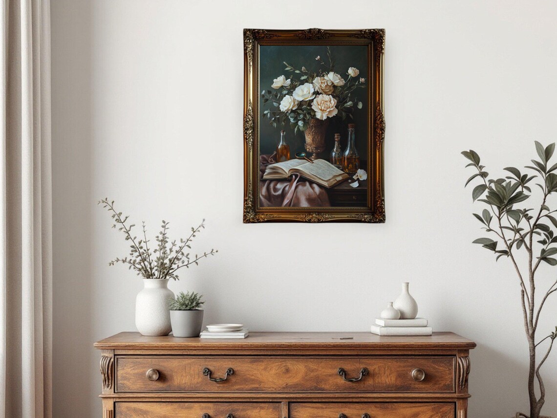 Vintage Floral Book Still Life, Rustic Botanical Painting - Image 2