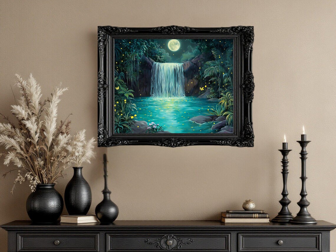 Moonlit Waterfall, Magical Fireflies Art Print - Image 2
