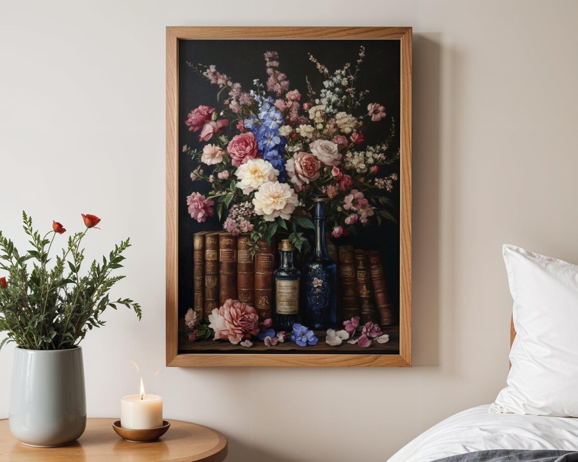 Vintage Floral Still Life, Antique Books And Flowers - Image 3