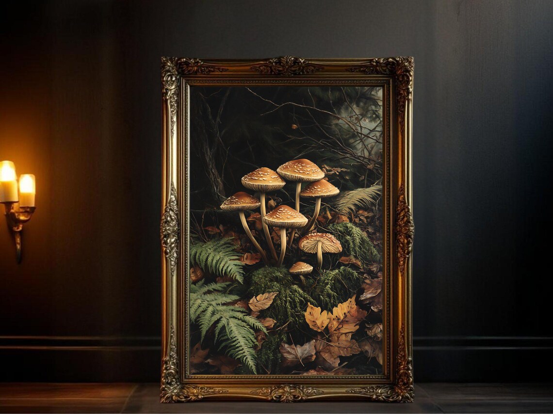 Enchanting Forest Mushrooms, Vintage Oil Painting