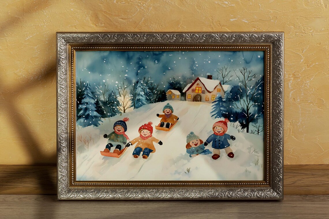 Joyful Holiday Sledding Art Print, Christmas Scene