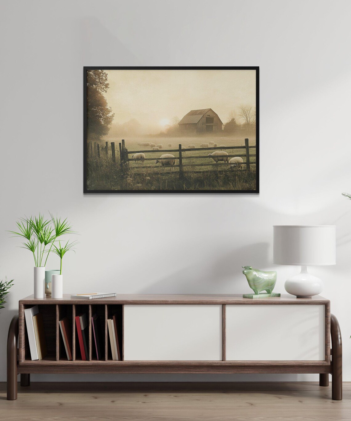 Rustic Farmhouse Sheep Pasture, Sunrise Barn Art Print - Image 2