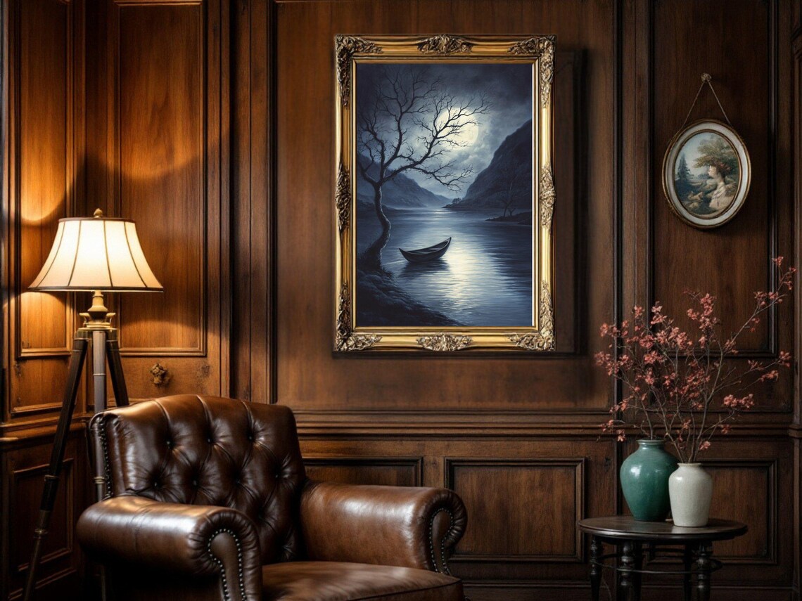 Moonlit Boat Scene, Dark Academia Nature Landscape - Image 2
