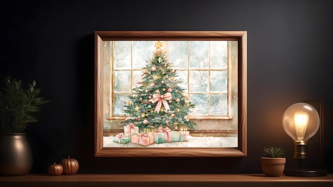 Vintage Christmas Tree Art, Snowy Window Scene - Image 2