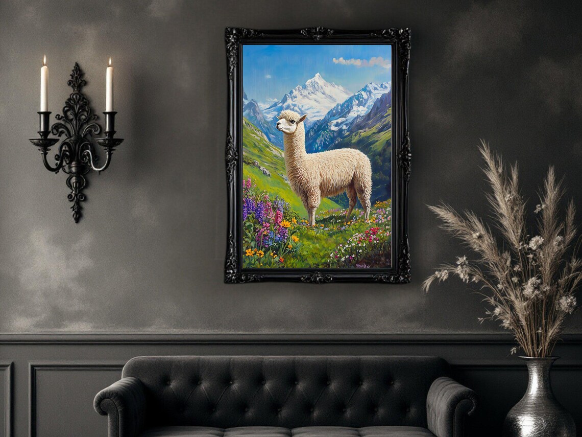 Elegant Alpaca Mountain Landscape Art Print - Image 3