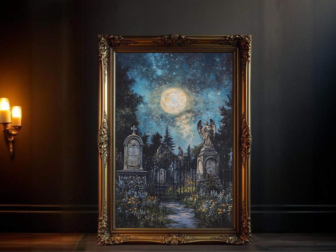 Mystical Graveyard At Night, Gothic Landscape Poster