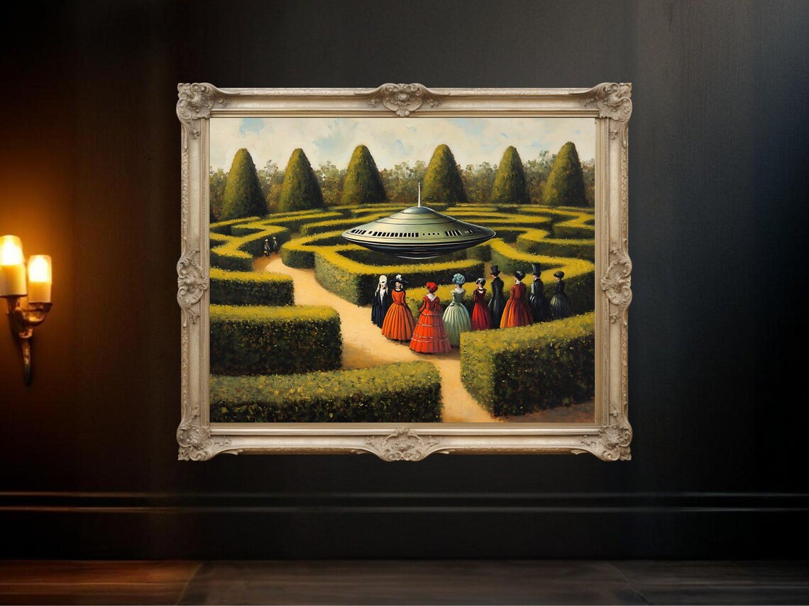 Vintage Sci Fi UFO Surreal Garden, Retro Poster