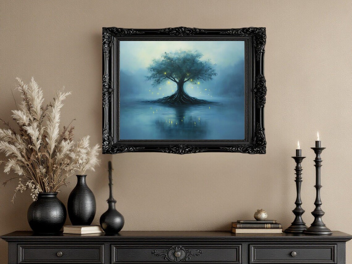 Enchanting Tree, Misty Forest Landscape With Fireflies - Image 2