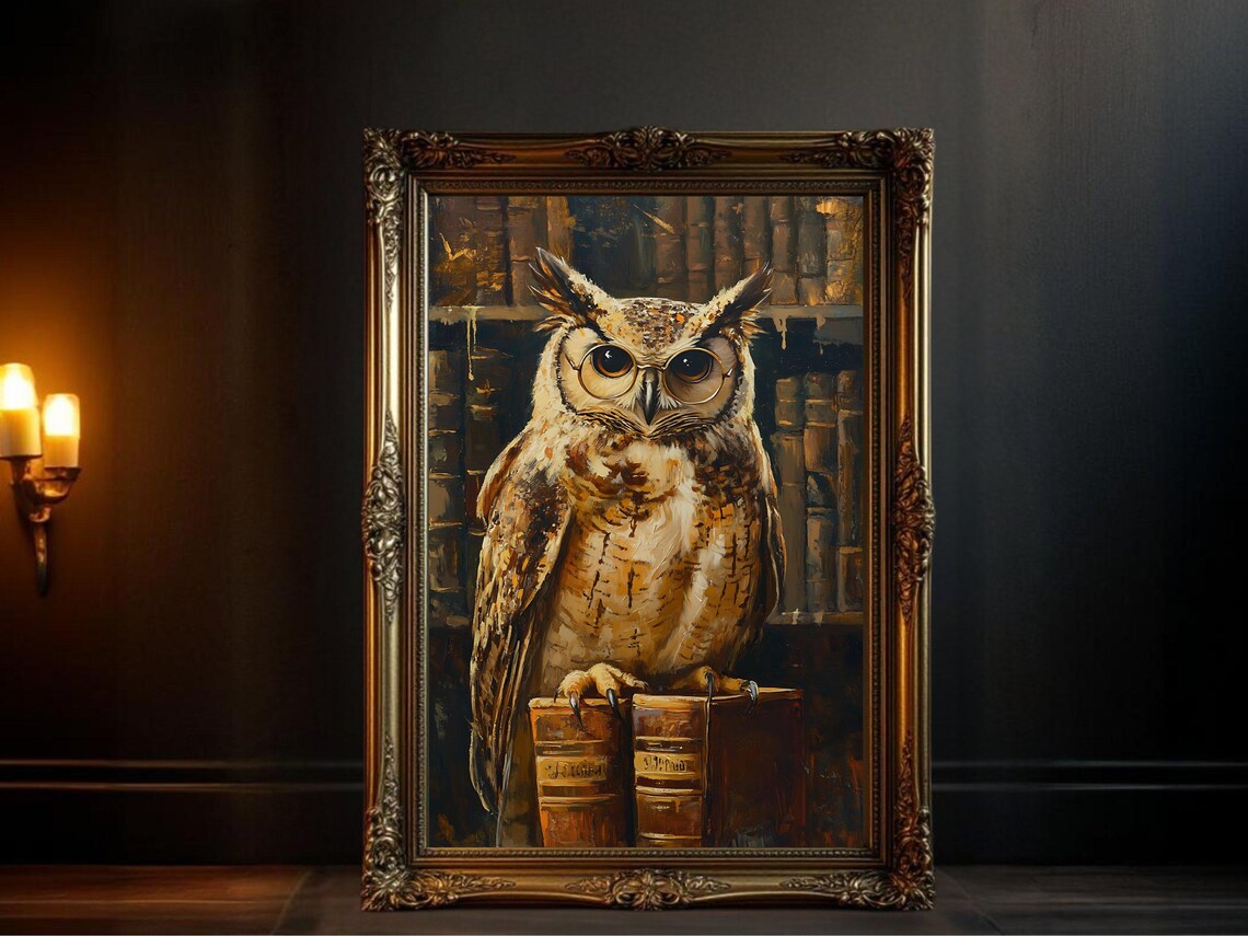 Enchanting Owl Vintage Painting, Rustic Library Decor