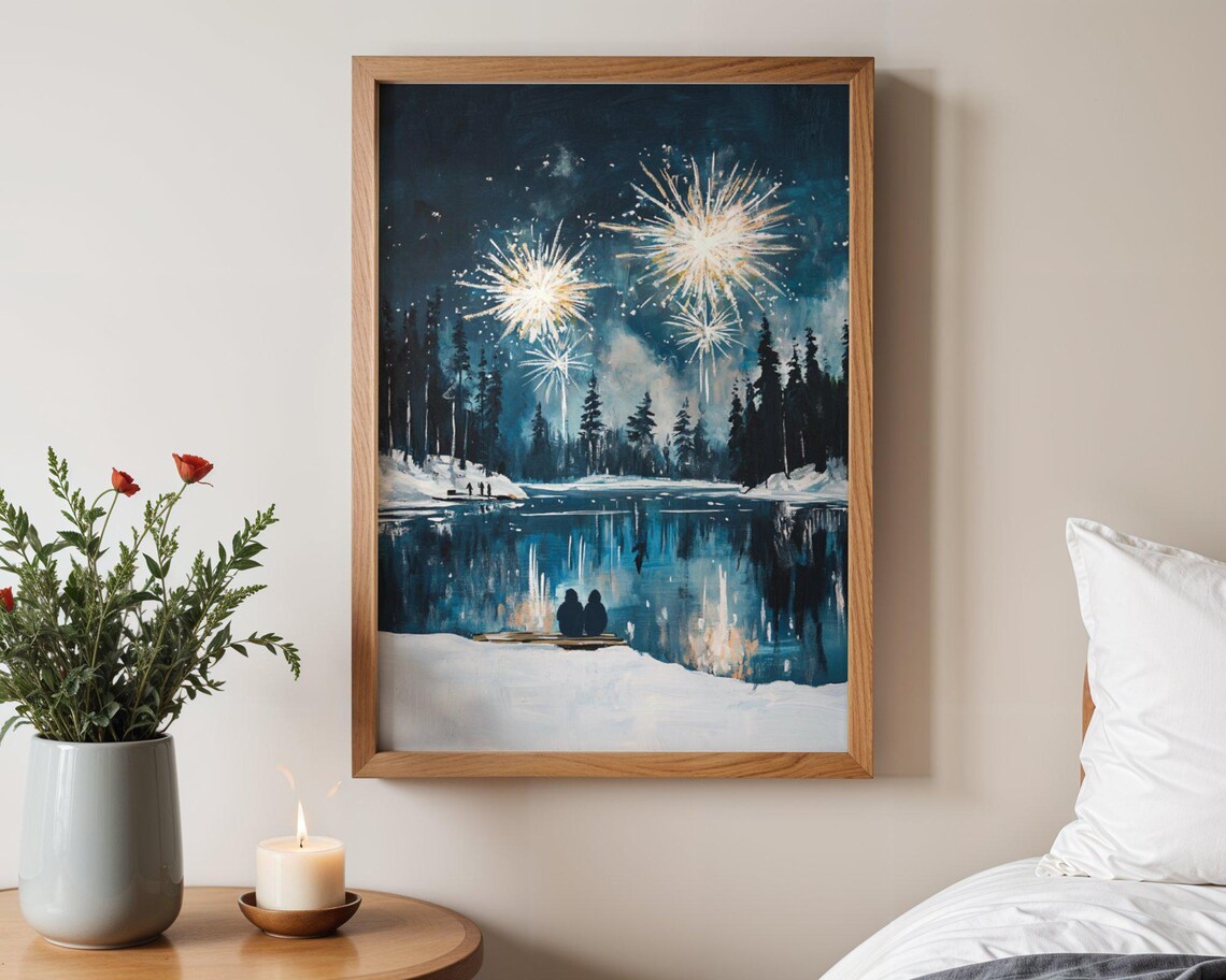 Firework Display Over Snowy Forest Lake, Winter Night
