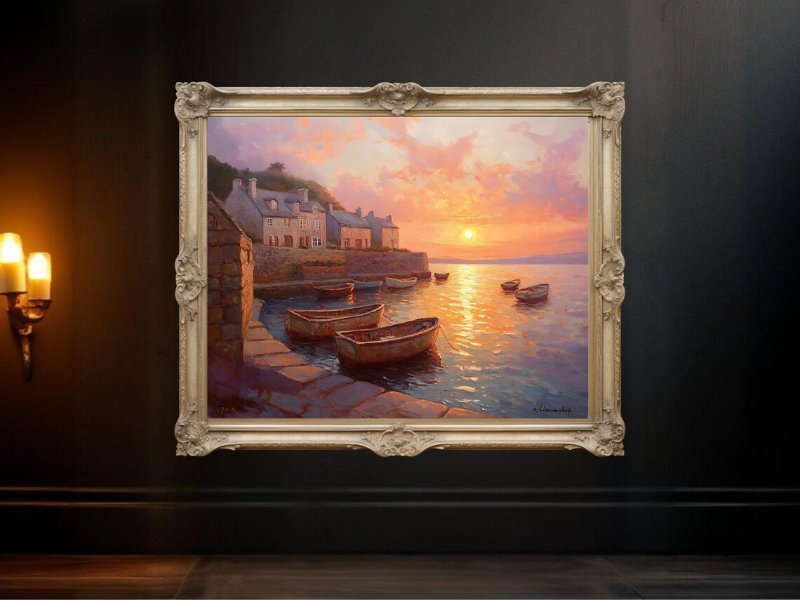 Seaside Sunset Painting, Tranquil Harbor Landscape