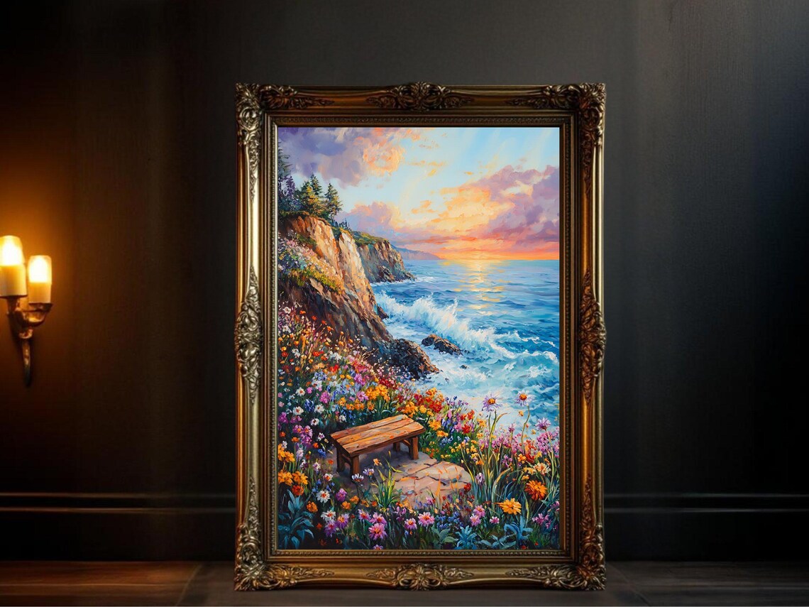 Sunset Ocean View - Coastal Flowers Landscape Art Print